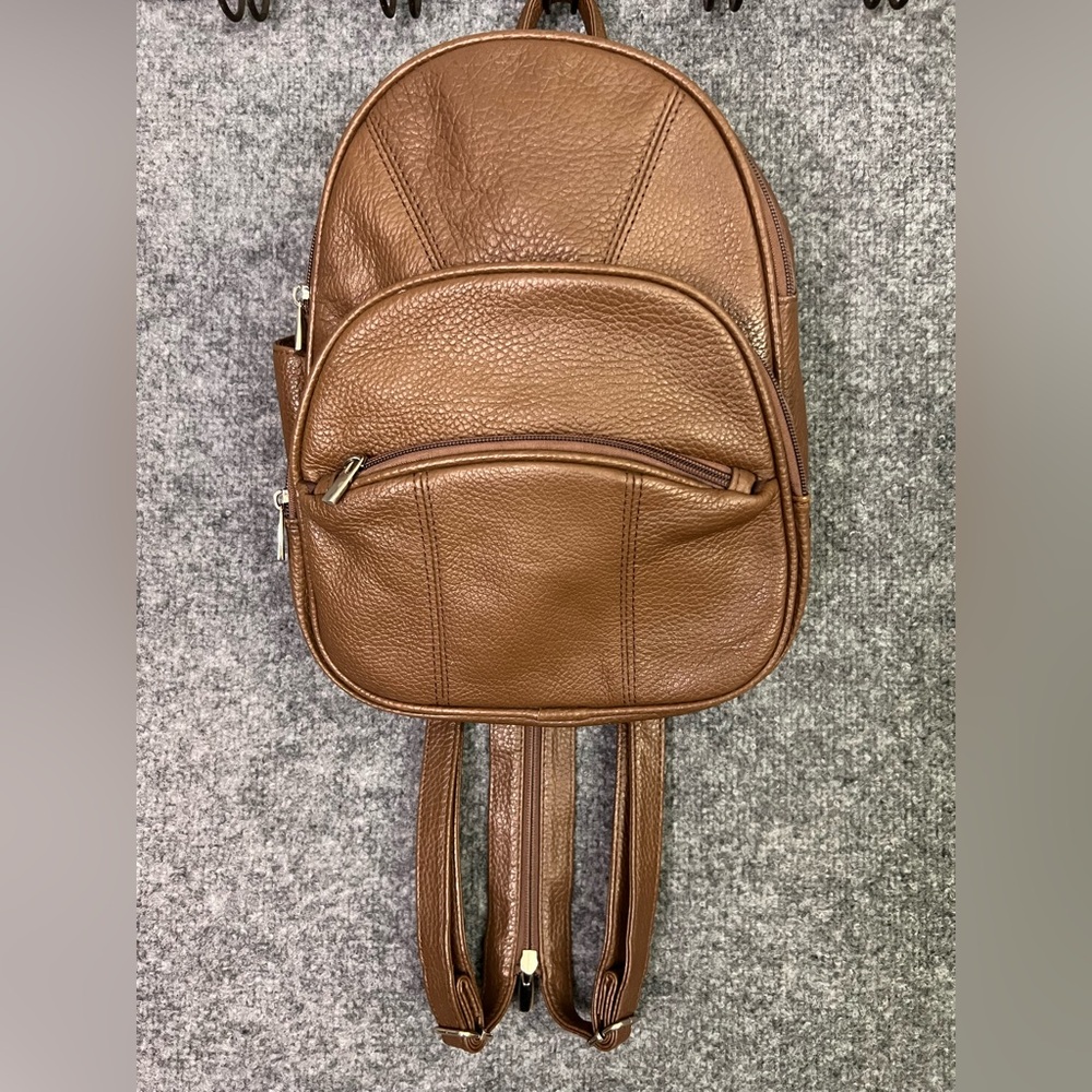 NWOT-Brown Pebbled Real Leather Small Backpack 16” tall